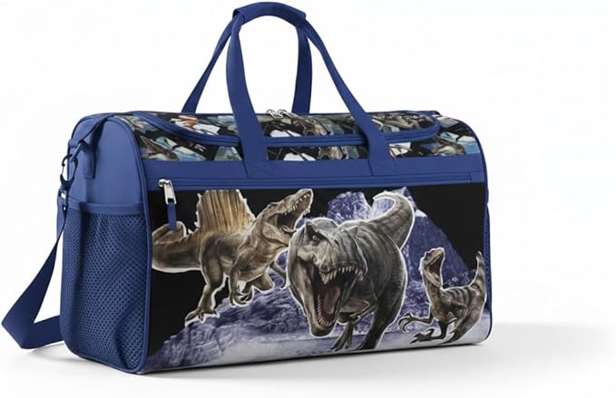 Jurassic World Kids Duffle Bag 16.5" – Dinosaur Travel & Sports Bag with Zipper Pocket, Mesh Side Pockets & Strap