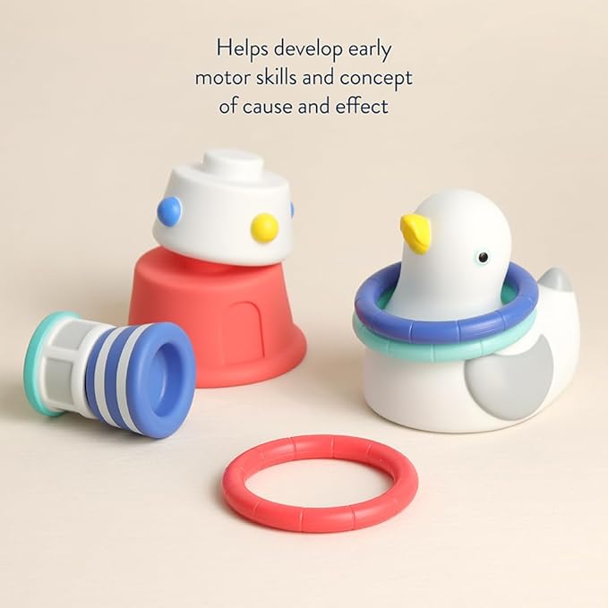 Itzy Ritzy Bathtime Gift Set – 12-Piece Baby Bath Toys for Infants & Toddlers – Stacking Lighthouse, Ring Toss, Scoop, Squirters & Sailboat – Develops Motor Skills & Teaches Cause & Effect (Nautical)