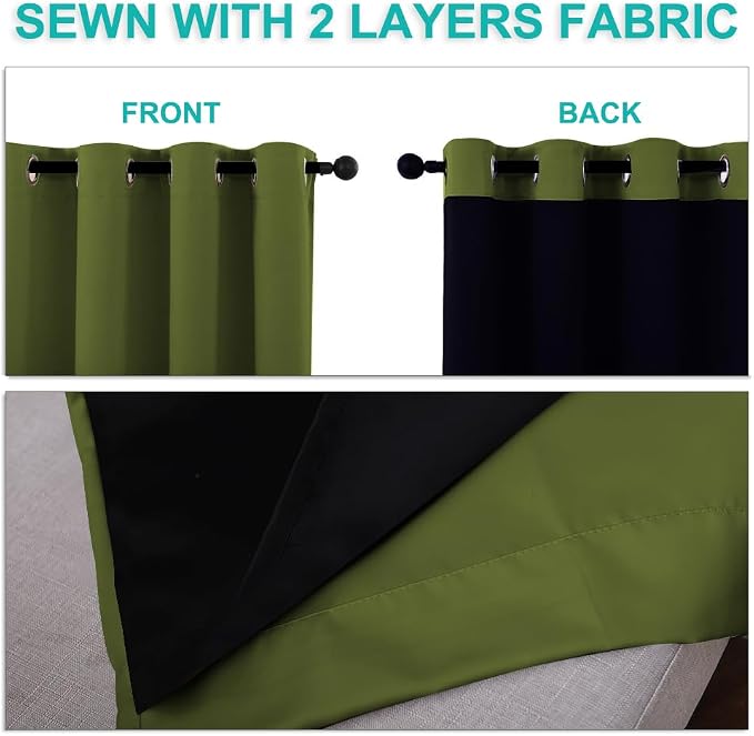 NICETOWN Olive Green Full Shade Curtain Panels, 37" Wide x 70" Long, Olive Green, Pair of Thermal Insulated & Energy Efficiency Blackout Drapes for Living Room, Lined Silky Performance Window Dressing