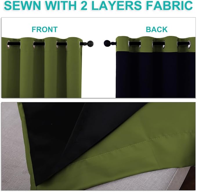 NICETOWN 100% Blackout Blinds, Set of 2, 46" x 102", Olive Green, Laundry Room Decor Window Treatment Curtains for Large Patio Sliding Door, Thermal Insulated Curtains for Bedroom