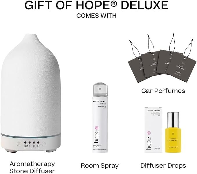 Doctor Aromas Gift of Hope Bundle: Stone Diffuser +Diffuser Drops (1oz)+ Room Spray + 4X Car Perfume – Elegant Odor Eliminator and Air Freshener Scent Aromatherapy Gift