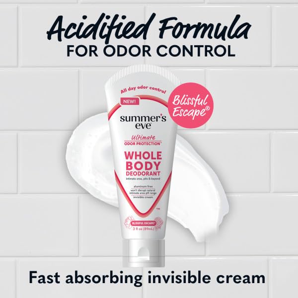 Summer’s Eve Ultimate Odor Protection Whole Body Deodorant Cream, Blissful Escape, Aluminum Free, All Day Odor Control, Invisible Cream, 3 Ounce (Pack of 6)