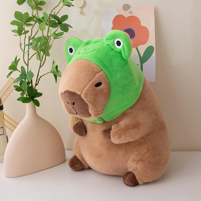 Cute Capybar Stuffed Animals with Wearable Toast headsetwear Capybar, Gifts for Kids (Frog hat)