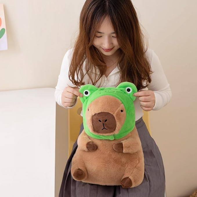 Cute Capybar Stuffed Animals with Wearable Toast headsetwear Capybar, Gifts for Kids (Frog hat)