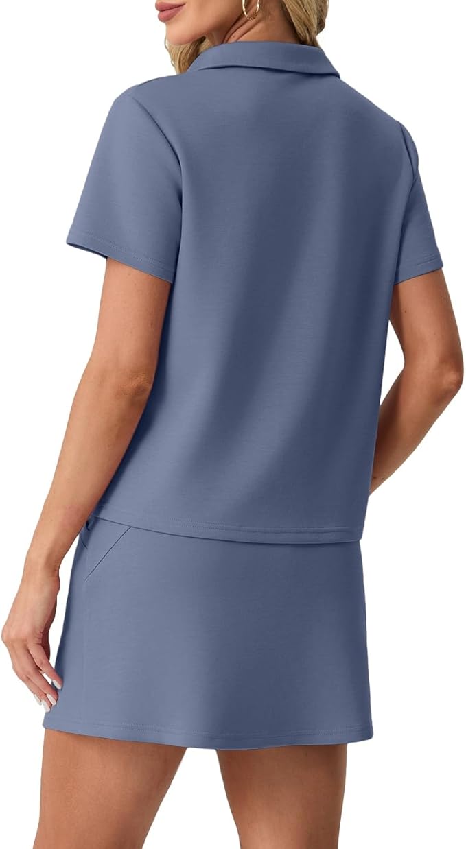 GRECERELLE Women's Summer 2 Piece Skort Set Half Zip Short Sleeve Top & Pocketed Tennis Skirt For Sports & Vacations.
