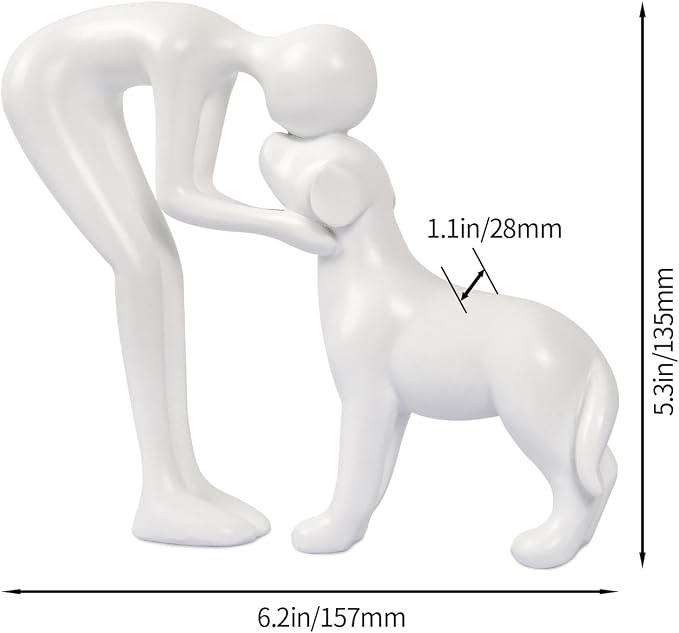 Abstract Person and Dog Sculpture Head-to-Head Figurine White | abstract sculpture celebrating the bond between person and pet. Intimate head-to-head Touching memory keepsake for dog lovers