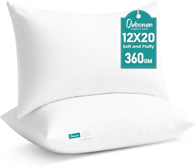 Oubonun 12 x 20 Throw Pillow Inserts | Soft, Plush & Decorative Down Alternative Pillows for Couch Sofa Bed, Machine Washable - White, Pack of 2