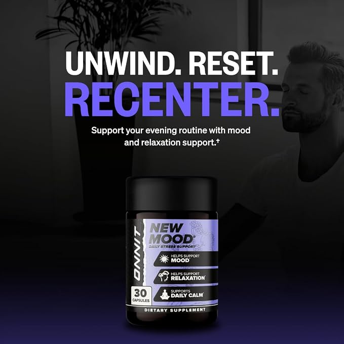 ONNIT New Mood Daily Stress Support Capsules, IGEN™ Non-GMO Tested, Sleep and Mood Support Supplement for Men and Women, Daily Stress Management Capsules, 30 Count