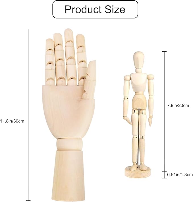 2-Pack 12" Art Drawing Hand Model,8" Artist Wooden Mannequin Figure Human People Dolls Manikin Supplies Stop Motion Figure Kit,Wooden Tools Posable Figure for Drawing,Painting,Sketching