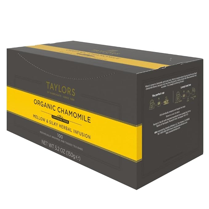 Taylors of Harrogate Organic Chamomile, Herbal Tea, Individually Wrapped Bags, 100 Count (Pack of 1), Mellow, Silky & Soft, Caffeine-Free, Enjoy Hot or Iced, 100 Teabags