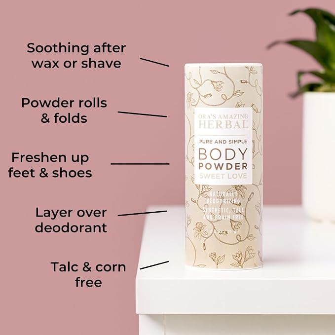 Ora's Amazing Herbal Body Powder for Women, Cornstarch and Talc Free Powder, Bath and Dusting Powder, Amber Oil, Frankincense Essential Oil, Ylang-Ylang, Vanilla, Warm Scent, Sweet Love 2.5 oz