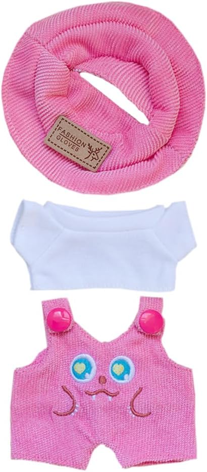 niannyyhouse 17cm Doll Clothes Hat White T-Shirt Animal Print Overalls 15cm Plush Doll Dressup (Pink-1)