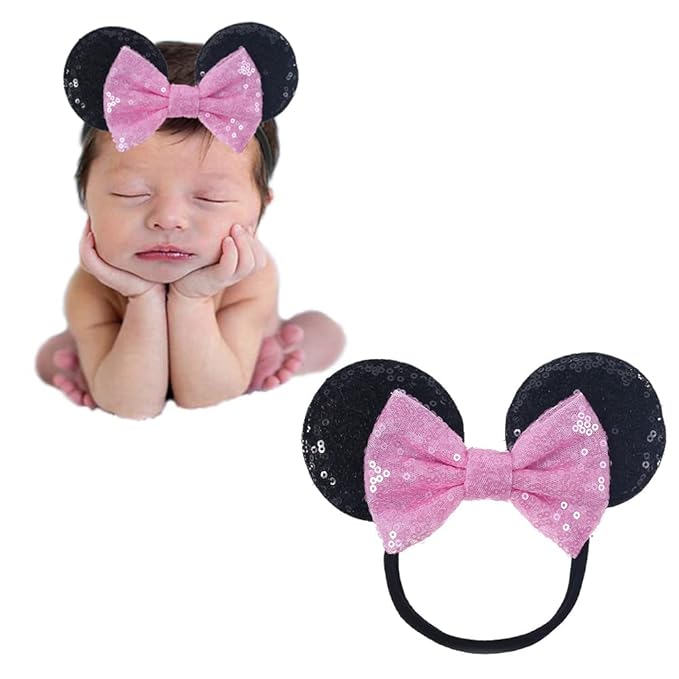 JIAHANG Mouse Ear Headband with Sequin Bow, Soft Elastic Hair Bow Hair Band, Party Headwear for Baby Girls Newborn Infant Toddlers, kids, Gilrs