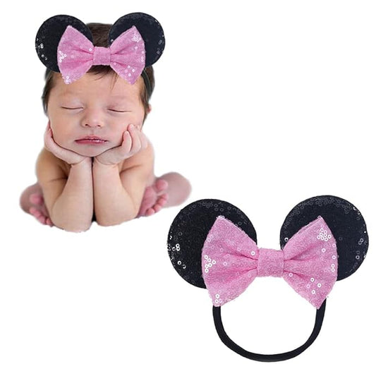 JIAHANG Mouse Ear Headband with Sequin Bow, Soft Elastic Hair Bow Hair Band, Party Headwear for Baby Girls Newborn Infant Toddlers, kids, Gilrs