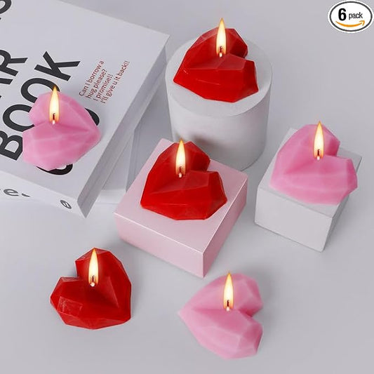 6 Pcs Valentine's Day Candles- Heart Shape Scented Candles- Handmade Diamond Heart Aromatherapy Candles for Valentine's Day, Wedding, Anniversary, Birthday, Home Decor (Red, Pink)