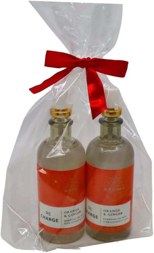 Bath & Body Works Aroma Recharge Orange & Ginger Essential Oil Mist 2-piece Gift Set with a Red Bow for Holiday - 5.3 fl oz Each