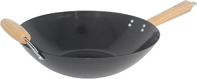 IMUSA 14 Inch Carbon Steel Nonstick Wok with Wood Handles, Black | Heats Quickly, Great for Healthy Family Meals