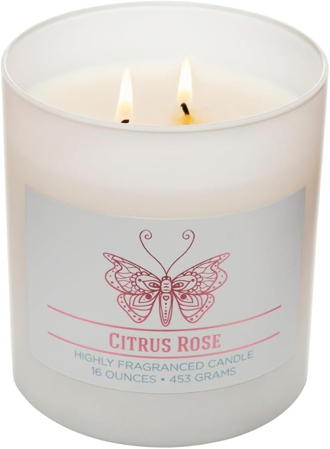 Carolina Citrus Rose Scented Candle, 16 oz Wellness Relaxing Aromatherapy Candle, 2 Wick White Jar Soy Blend Wax, Candles for Home, 60H Burn - Made in The USA