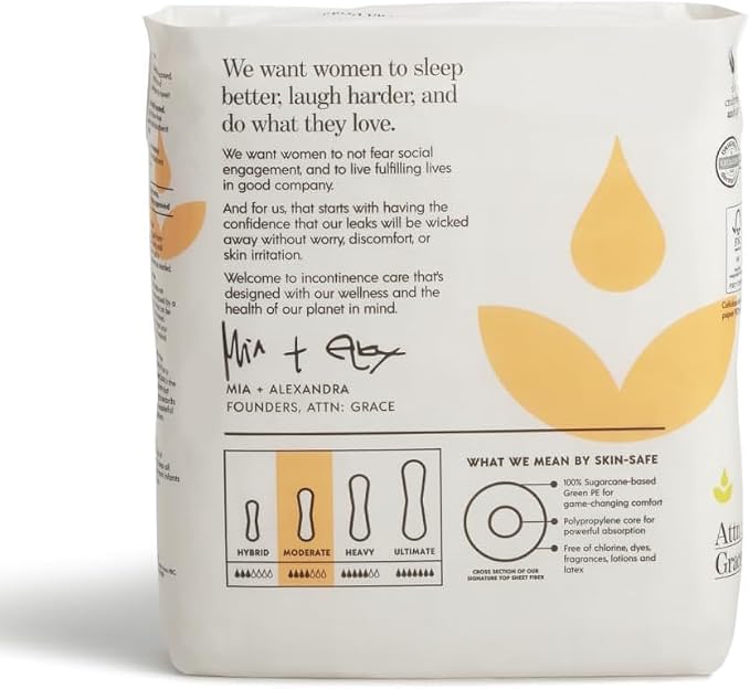 Attn: Grace Moderate Incontinence Pads for Women, 2-Pack (56 Pads Total / 28 per Pack) - Plant-Based, High Absorbency, Breathable - Incontinence Pads for Moderate Bladder Leaks & Sensitive Skin