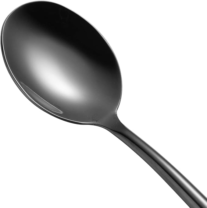 Steel Black Soup Spoon, Long handled Great Circle Spoons,Korean Long Handle Soup Spoon,4 Pieces,8.7x1.6 Inches
