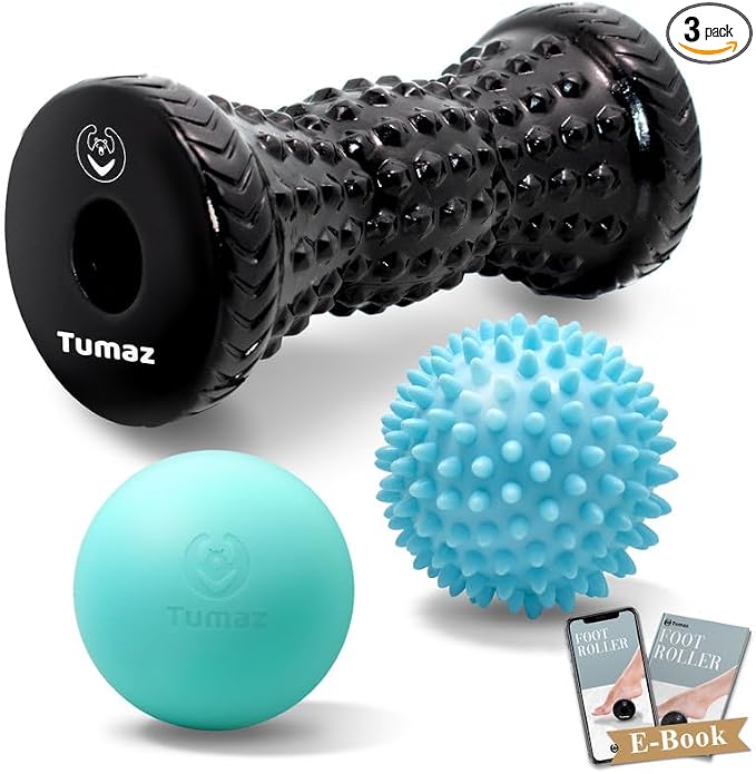 Tumaz Massage Ball & Foot Roller 3-in-1 Set with Spiky Ball, Lacrosse Ball, Massage Roller - Ergonomic Design to Relieve Plantar Fasciitis for Deep and Superficial Muscle Pain