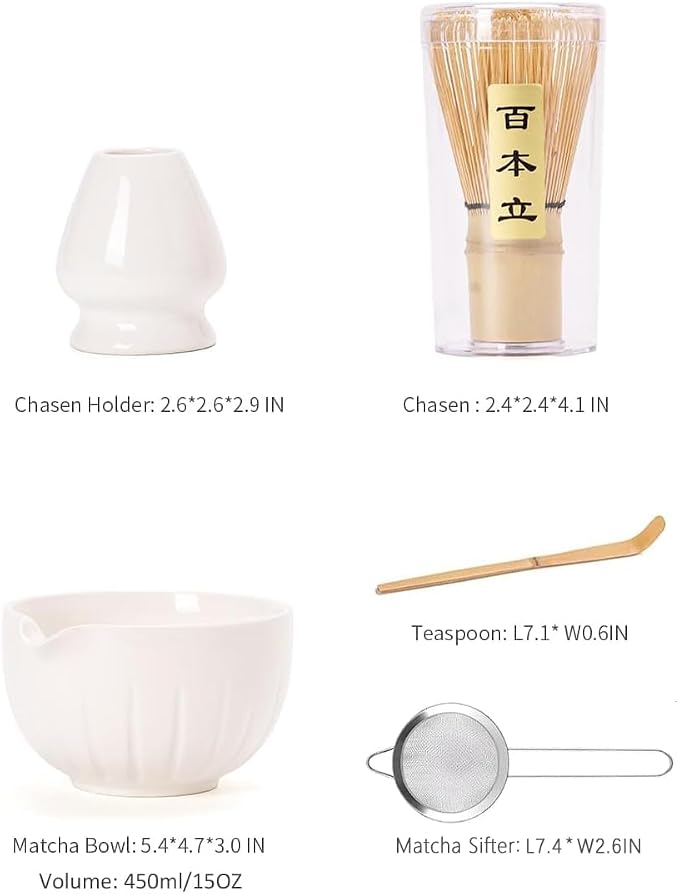 TANG PIN Matcha Set - Match Bowl and Whisk, 15 OZ, Matcha Scoop | Matcha Whisk Stand (Chasen Holder) - 5pc Perfect Matcha Kit for Matcha Tea Ceremony (White)