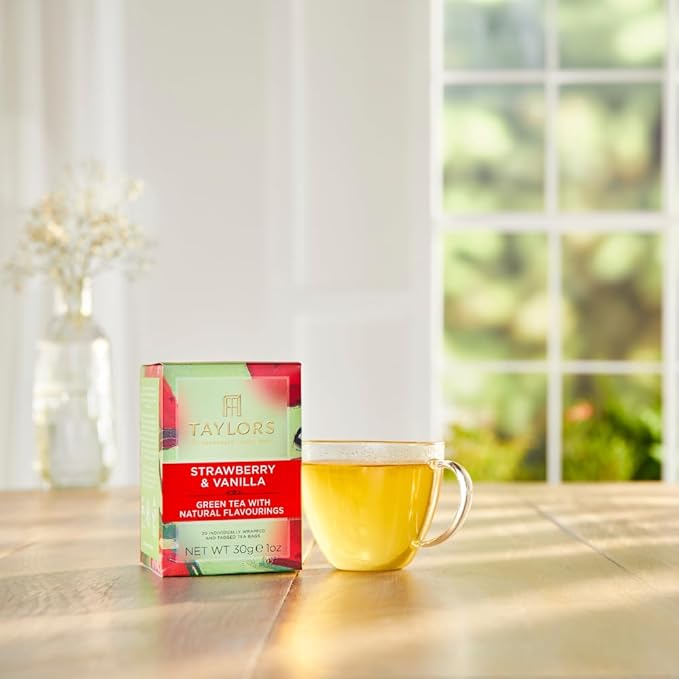 Taylors of Harrogate Strawberry & Vanilla, Green Tea, Individually Wrapped Bags, 20 Count (Pack of 6), Smooth, Juicy and Sweet, Caffeinated, Enjoy Hot or Iced, 120 Teabags Total