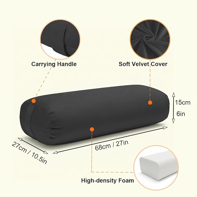 Yoga Bolster Pillow for Restorative & Yin Yoga - Meditation Pillow with Velvet Cover - Rectangular