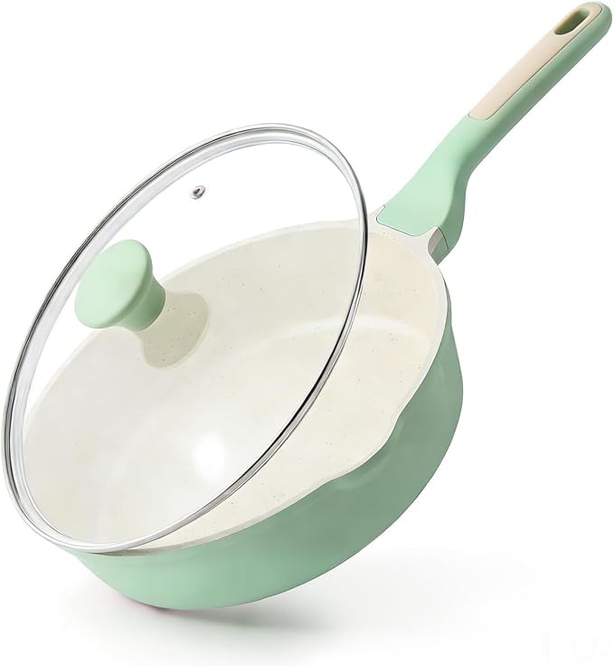 SENSARTE Nonstick Ceramic Skillet with Lid 10-inch, 3.5QT Non Toxic Deep Frying Pan, Dishwasher Safe Saute Pan with Lid, Stay-cool Handle, Healthy Induction Cooking Pot, Green