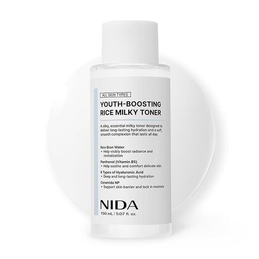 NIDA Youth-boosting Rice Milky Toner, for Glass Skin | Rice Bran Extract, Niacinamide, Ceramide NP, Panthenol | Deep Moisturizing, Hydrating and Refreshing, Korean Skin Care | 5.07 fl. oz., 150ml
