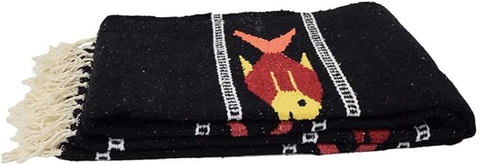 Open Road Goods Thick Mexican Yoga Blanket - Serape Fish Design - Handmade (Black)