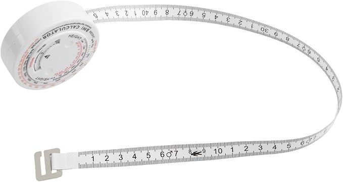 150cm Retractable BMI Tape Measure Body Mass Index Calculator for Diet Fitness Tracking White Plastic Ruler with Push-Button Lock for Waist Hip Chest Thigh Calf Measurement Easy Self-Use Tool