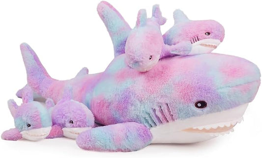 Giant Shark Stuffed Animals Plush, Large Shark Plush Pillow with 4 Little Sharks, 100cm/39.4inches Colorful Sharks Plush Toy Gifts for Kids(Purple)