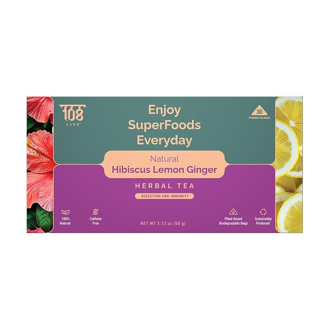 108 LIFE Natural Hibiscus Tea Bags | Lemon Ginger Tea | Herbal Tea | 100% Natural | Caffeine Free | Supports Digestion & Immunity | Biodegradable Pyramid Tea Bags | 30 Count
