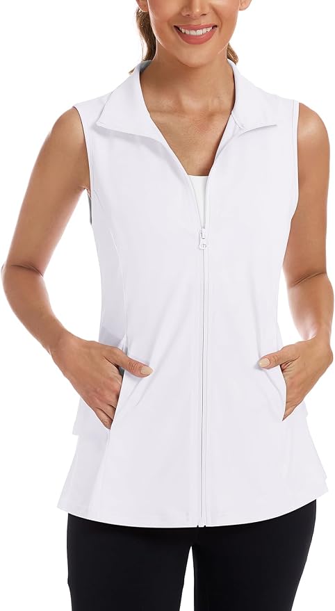 Women's Golf Vest with Pleated Tennis Skirt Hem Lightweight Full Zip Sleeveless Athletic Shirts with Pockets