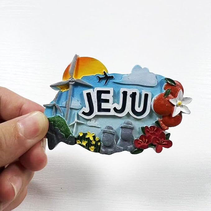 Jeju Island Korea 3D Resin Fridge Magnet, Decorative Souvenir with Windmill, Flowers, and Stone Statues, 7.7 x 5.0 cm