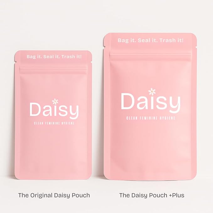 Odor-Proof Sanitary Trash Bags for Tampons, Pads, Discs, Panty Liners & Feminine Wipes | The Daisy Pouch +Plus Discreet Disposal Bags for Home, Work, School & Travel