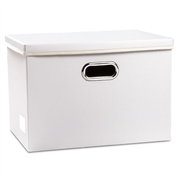 Large Collapsible Storage Box with Lid [1-Pack] Leather Fabric Foldable Storage Bin Organizer Container Basket Cube with Cover for Home Bedroom Closet Office Nursery White (17.7x11.8x11.8)