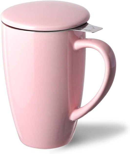 Sweejar Porcelain Tea Infuser Mug with Lid, 16 oz Teacup with Strainers for Loose Leaf Tea, Microwave and Dishwasher Safe Coffee Mug(Pink)