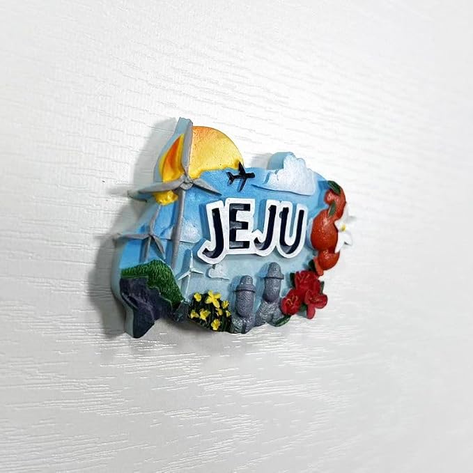 Jeju Island Korea 3D Resin Fridge Magnet, Decorative Souvenir with Windmill, Flowers, and Stone Statues, 7.7 x 5.0 cm