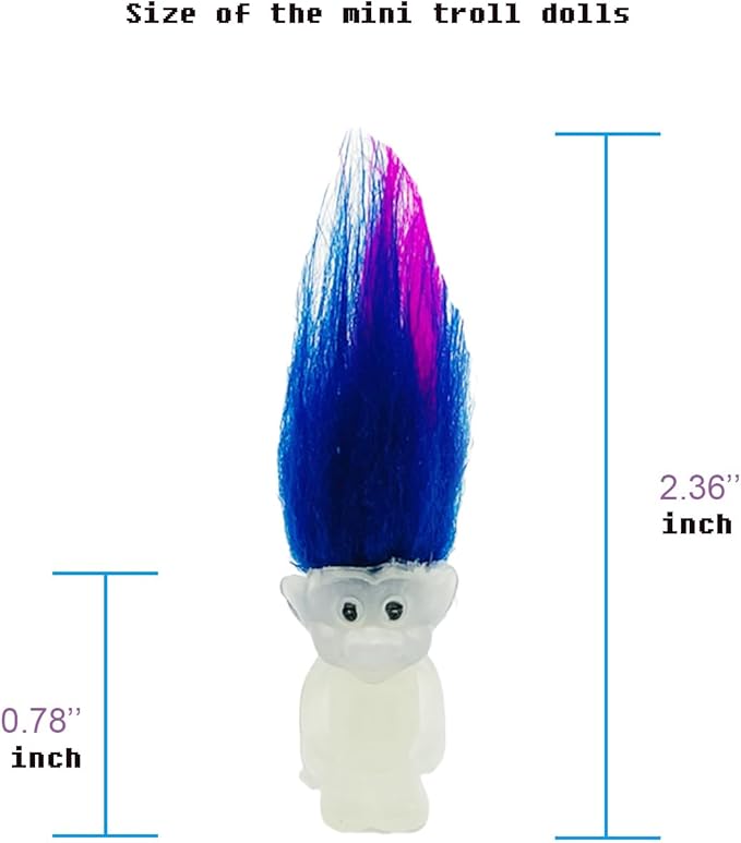 10pcs Luminous Mini Troll Dolls Glow in The Dark Vintage Action Figures Troll Dolls 1.2" Bodies, 2.3" Hair. Cake Toppers School Project, Arts and Crafts (10pcs)