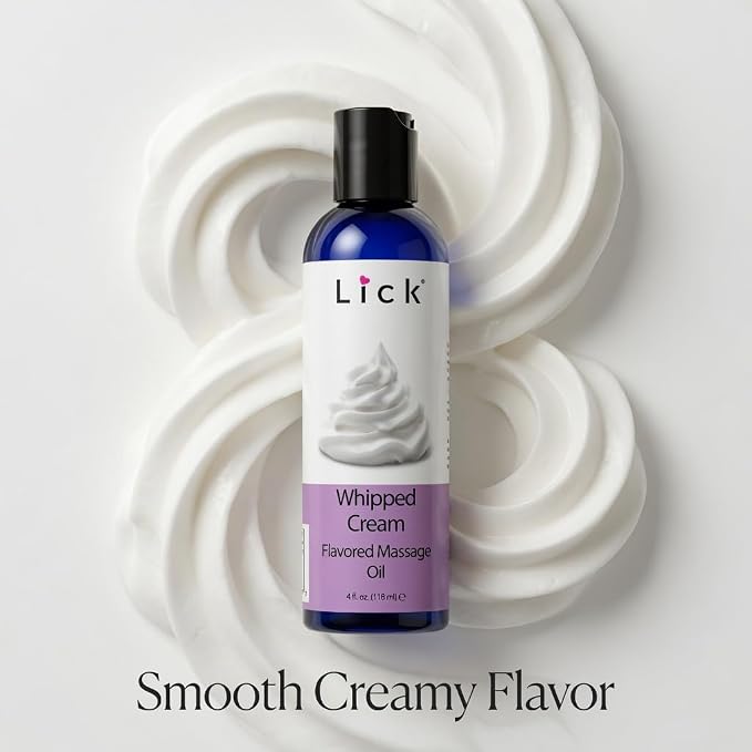 Lick Whipped Cream Flavored Massage Oil with Vitamin E - Warming Edible Body Oil for Couples Massage - Sweet Almond and Coconut Oil Blend - Smooth Glide Skin Therapy for Men and Women - 4 oz