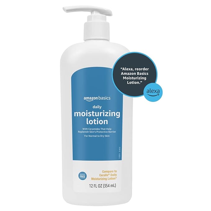 Amazon Basics Daily Moisturizing Lotion for Face and Body, Fragrance Free, with Ceramides, 12 Fluid Ounces, 2-Pack