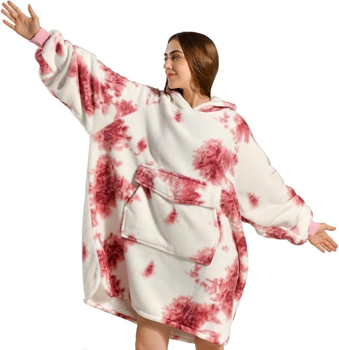 Krifey Wearable Blanket Hoodie, Oversized Sherpa Fleece Sweatshirt with Giant Pocket, Birthday Gifts for Women, Mom, Sister, Red Tie Dye