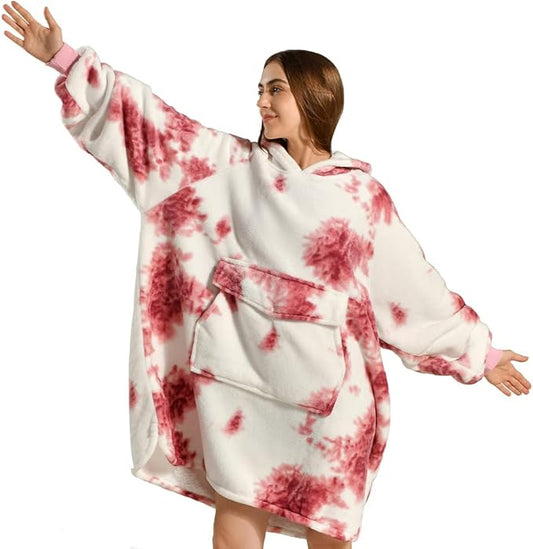 Krifey Wearable Blanket Hoodie, Oversized Sherpa Fleece Sweatshirt with Giant Pocket, Birthday Gifts for Women, Mom, Sister, Red Tie Dye