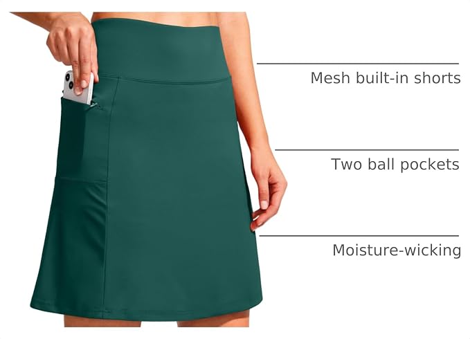 19" Ruffled Golf Skirts for Women | 3 Zipper Pockets, Knee Length, High Waisted, Long Skorts for Athletic, Casual, Tennis, Pickleball