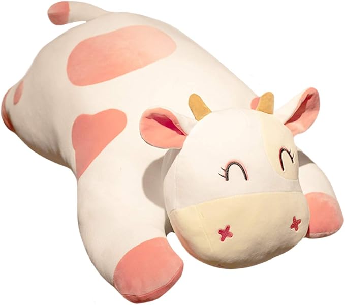 ELAINREN Valentine's Pink Cow Stuffed Animals Pillow Ultra-Soft Farm Dairy Cattle Plush Toy Floppy Milk Calf Plushie Cushion Decor Gifts/25.6''