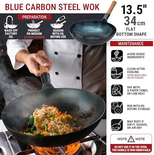 YOSUKATA Flat Bottom Wok Pan - 13.5" Blue Carbon Steel Wok + 17’’ Spatula and Ladle - Set of 2 Heat-Resistant Tools + Wok Lid 12.8 Inch