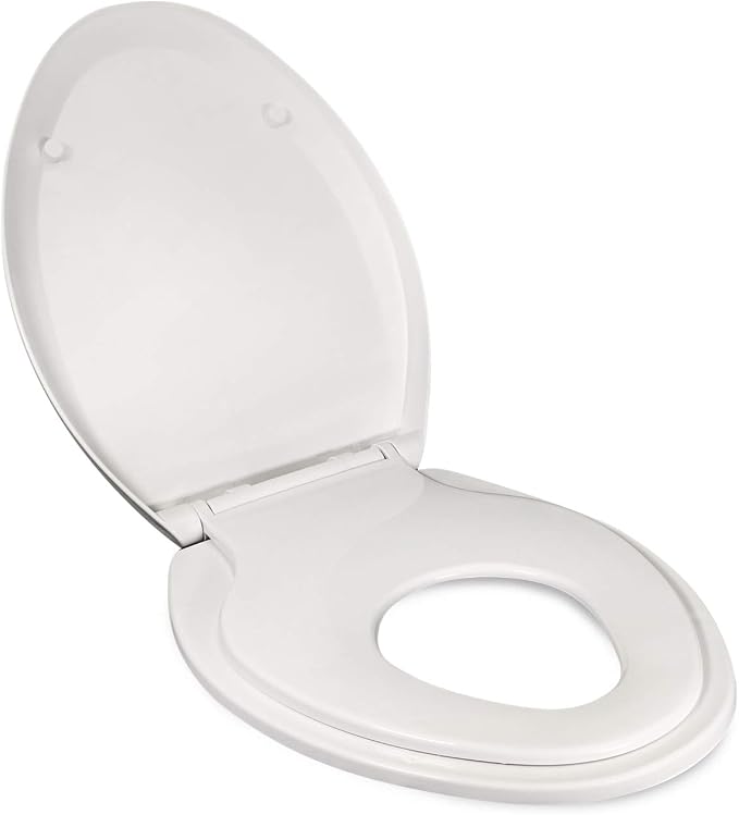 E2000 Elongated Toilet Seat with Built in Potty Training Toddlers Seat Magnetic Kids Seat Fits both Adult and Child Plastic Off white
