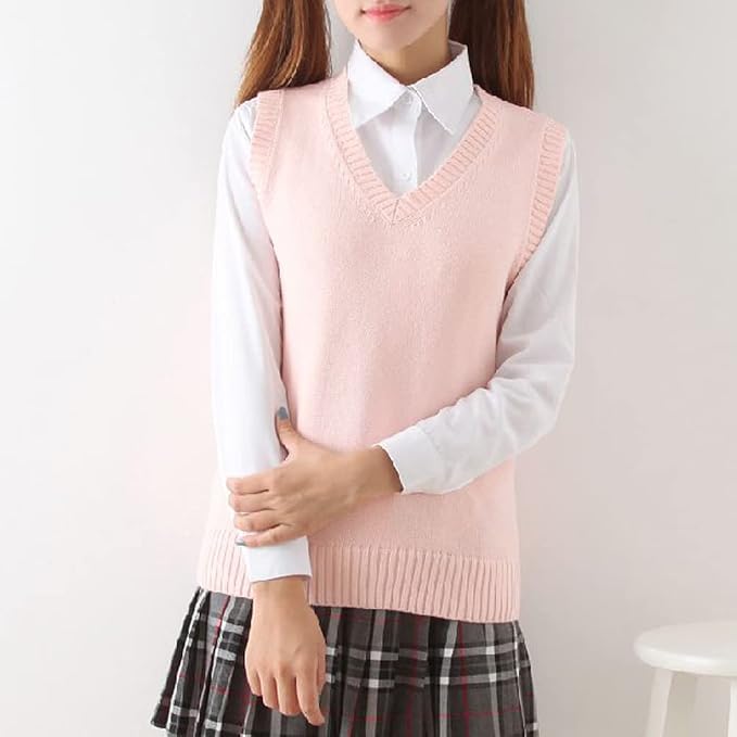 jinghuiyue Women’s V Neck Sweater Vest School Uniform Solid Color Sleeveless Knit Sweaters Pullover Tank Tops
